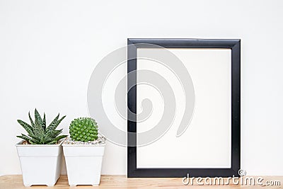Succulents or cactus in concrete pots over white background on the shelf and mock up frame photo Stock Photo