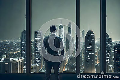 Sucessful businessman in suit in hotel room look over city Stock Photo