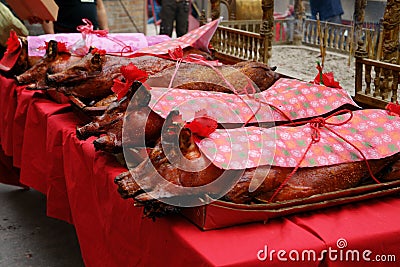 Suckling Pigs Offerings. A-Ma Temple, Macau. Stock Photo