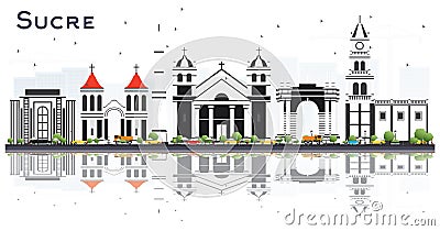 Sucre Bolivia City Skyline with Gray Buildings and Reflections Isolated on White Stock Photo