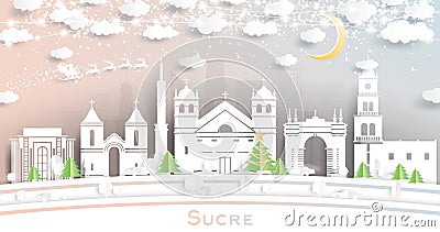 Sucre Bolivia City Skyline in Paper Cut Style with Snowflakes, Moon and Neon Garland Stock Photo