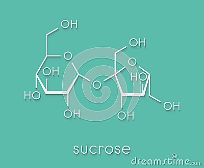 Sucrose sugar molecule. Also known as table sugar, cane sugar or beet sugar. Skeletal formula. Stock Photo
