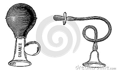A suction nipple & nipple crystal avectetine rubber has a tube connecting the bell nipple, vintage engraving Vector Illustration