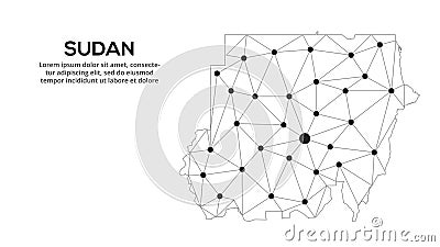 Sudan communication network map. Vector low poly image of a global map with lights in the form of cities. Map in the form of a Vector Illustration