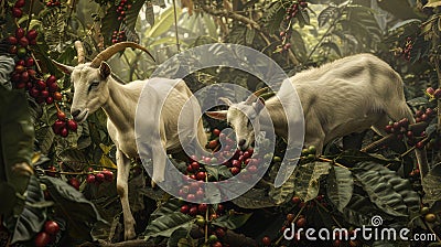 Sudanese Coffee Harvest: Goats Nibbling Coffee Cherries Amidst Verdant Bush Stock Photo