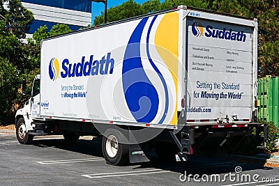 Suddath Relocation Systems truck waits for customer on outdoor parking lot. Suddath is a global moving company - Foster City, Editorial Stock Photo
