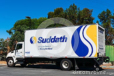 Suddath Relocation Systems truck waits for customer on outdoor parking lot. Editorial Stock Photo