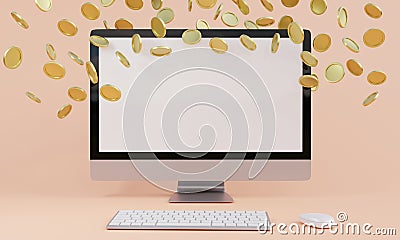 Sudden wealth and Easy Money. Finance and earning concept, golden coins falling on workplace with pc Stock Photo