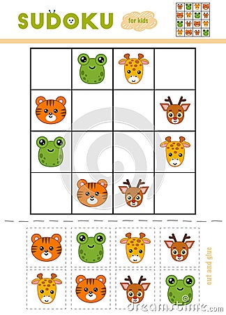 Sudoku for children, education game. Cartoon animals Vector Illustration