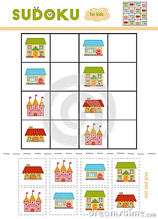 Sudoku for children, education game. Cartoon castle and houses Vector Illustration