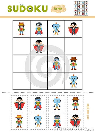 Sudoku for children, education game. Cartoon characters Vector Illustration