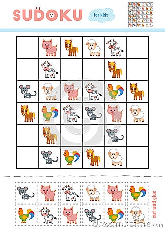 Sudoku for children, education game. Cartoon farm animals Vector Illustration