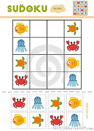 Sudoku for children, education game. Cartoon sea animals Vector Illustration