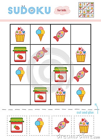 Sudoku for children, education game. Set of sweet food Vector Illustration