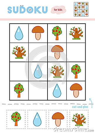 Sudoku for children, education game. Nature items. Vector Illustration