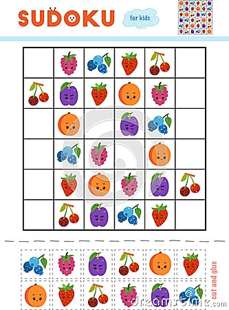 Sudoku for children, education game. Set of berries Vector Illustration