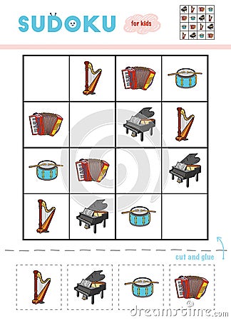 Sudoku for children, education game. Set of musical instruments Vector Illustration