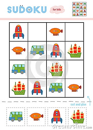 Sudoku for children, education game. Set of transport objects Vector Illustration