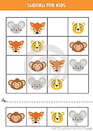 Sudoku with cute and happy animal faces Vector Illustration