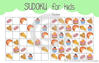 Sudoku educational game leisure activity worksheet watercolor illustration, printable grid Cartoon Illustration