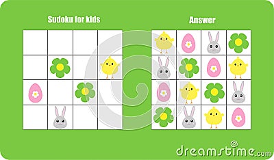 Sudoku game with easter pictures egg, bunny, chick for children, easy level, education game for kids, preschool worksheet activity Stock Photo