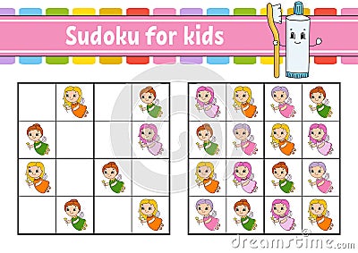 Sudoku for kids. Education developing worksheet. Activity page with pictures. Puzzle game for children. Logical thinking training Vector Illustration