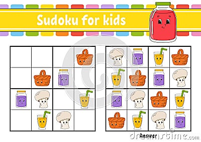 Sudoku for kids. Education developing worksheet. Activity page with pictures. Puzzle game for children. Logical thinking training Vector Illustration