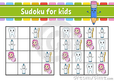 Sudoku for kids. Education developing worksheet. Activity page with pictures. Puzzle game for children. Logical thinking training Vector Illustration
