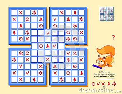 Sudoku for kids with 5 squares. Draw the signs in empty spaces so each line has one of a kind. Page for brain teaser book. Logic Vector Illustration