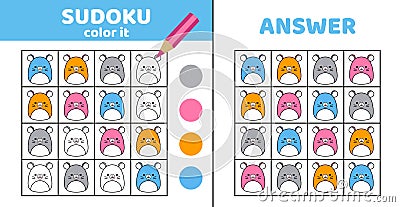 Sudoku. Mouse. Coloring sudoku with mouses. Squishmallow. Cartoon Vector Illustration