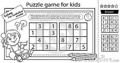 Sudoku puzzle. Logic puzzle for kids. Education game for children. Boy with a drum. Coloring Page. Worksheet vector design for Vector Illustration