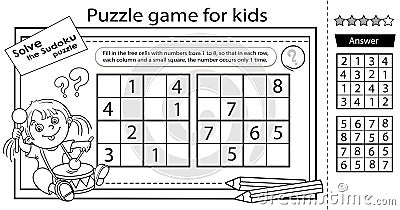 Sudoku puzzle. Logic puzzle for kids. Education game for children. Girl with a drum. Coloring Page. Worksheet vector design for Vector Illustration