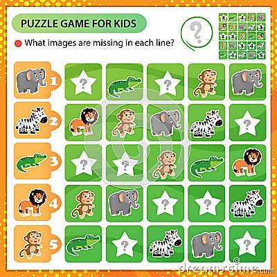 Sudoku puzzle. What images are missing in each line? Animals of Africa. Zebra, crocodile, monkey, lion, elephant. Logic puzzle for Vector Illustration