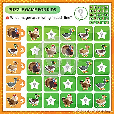 Sudoku puzzle. What images are missing in each line? Farm animals. Poultry. Turkey, goose, duck, Drake, hen. Logic puzzle for kids Vector Illustration