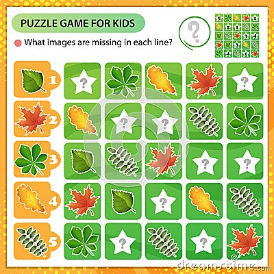 Sudoku puzzle. What images are missing in each line? Leaves of trees. Leaf of oak, birch, maple, chestnut and rowan. Logic puzzle Vector Illustration