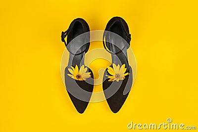 Suede black court shoes with yellow Topinambur flower bud inside toe, yellow background, womanhood Stock Photo