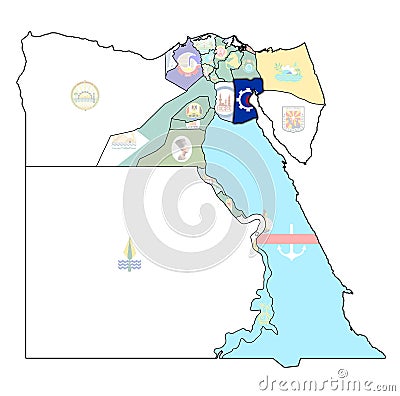 flag of Suez on map of Egypt Governorates Cartoon Illustration