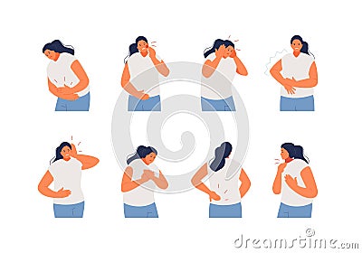 Suffering Girl with various types of pain Vector Illustration