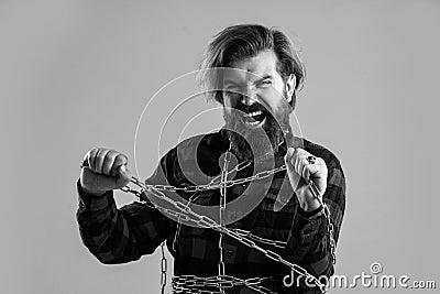 Suffering man chained feel cramps and muscle spasms, almost free Stock Photo