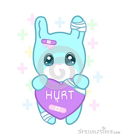 Suffering rabbit with injured ear and heart yami kawaii style Vector Illustration