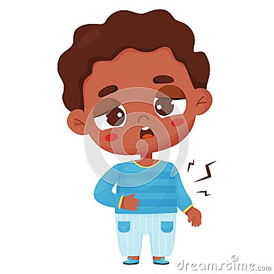 Suffering sick black ethnic boy. Keeps hand on belly. Vector illustration in cartoon style. Sad child character. Vector Illustration