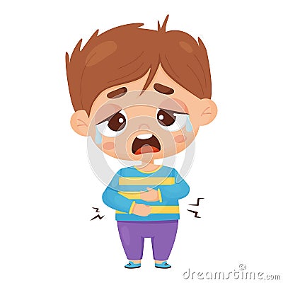 Suffering sick boy. Child is crying and holding his stomach. Pain in the stomach and abdomen. Vector illustration. Sad Vector Illustration