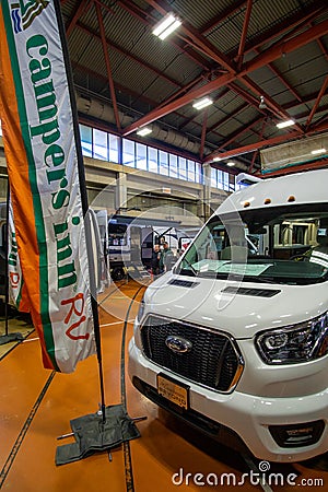 Suffern, NY - USA - Feb 18, 2023 Landscape view of the 48th Northeast RV Show. Display of recreational vehicles, campers, trailers Editorial Stock Photo