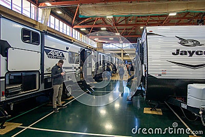 Suffern, NY - USA - Feb 18, 2023 Landscape view of the 48th Northeast RV Show. Display of recreational vehicles, campers, trailers Editorial Stock Photo