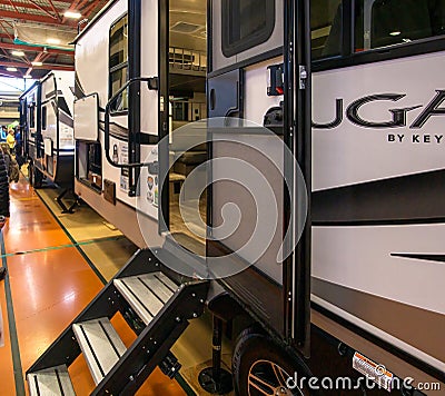 Suffern, NY - USA - Feb 18, 2023 Landscape view of the 48th Northeast RV Show. Display of recreational vehicles, campers, trailers Editorial Stock Photo