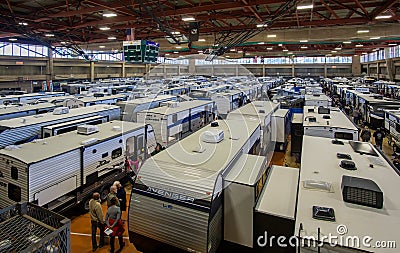 Suffern, NY - USA - Feb 18, 2023 Landscape view of the 48th Northeast RV Show. Display of recreational vehicles, campers, trailers Editorial Stock Photo