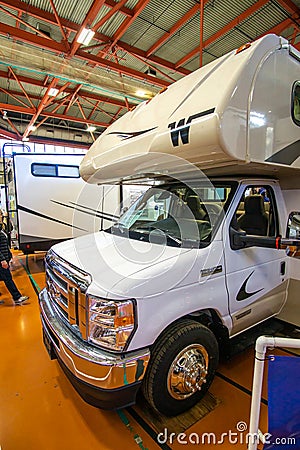 Suffern, NY - USA - Feb 18, 2023 Vertical view of the 48th Northeast RV Show. Display of recreational vehicles, campers, trailers Editorial Stock Photo