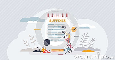 Suffixes english grammar topic to learn word ending types tiny person concept Vector Illustration