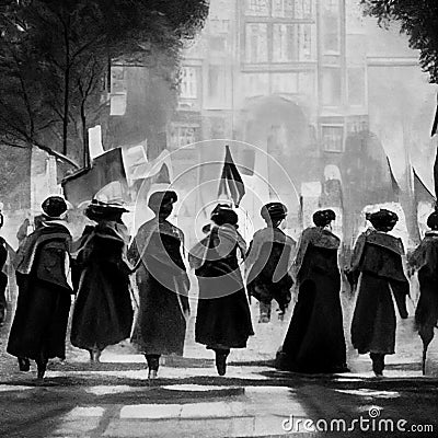 Suffragette March Women's Rights Group Black White Organised Rally Demonstration Abstract Generative AI Cartoon Illustration