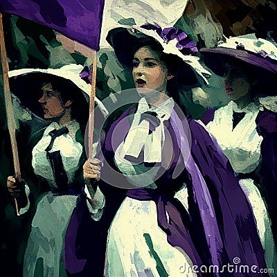 Suffragette March Women's Rights Group Purple Green White Generative AI Cartoon Illustration